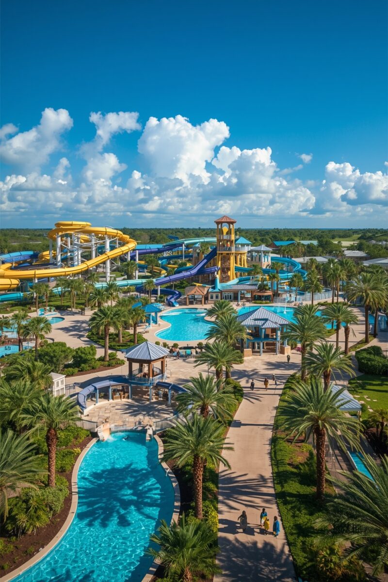 Aerial view of a tropical water park with colorful yellow, blue, and purple water slides, pools, and palm trees