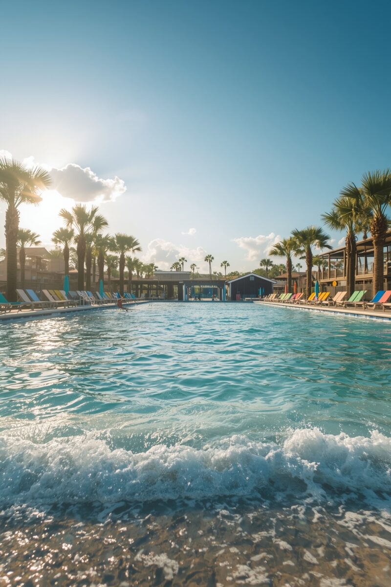 Sunny resort wave pool with colorful lounge chairs, palm trees, and blue sky at a tropical vacation destination
