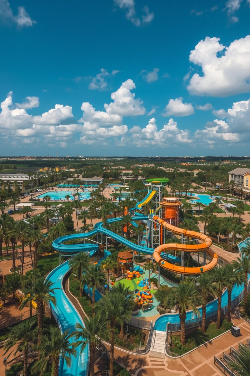 Aerial view of a colorful water park resort with blue and orange water slides, pools, and palm trees under a blue sky