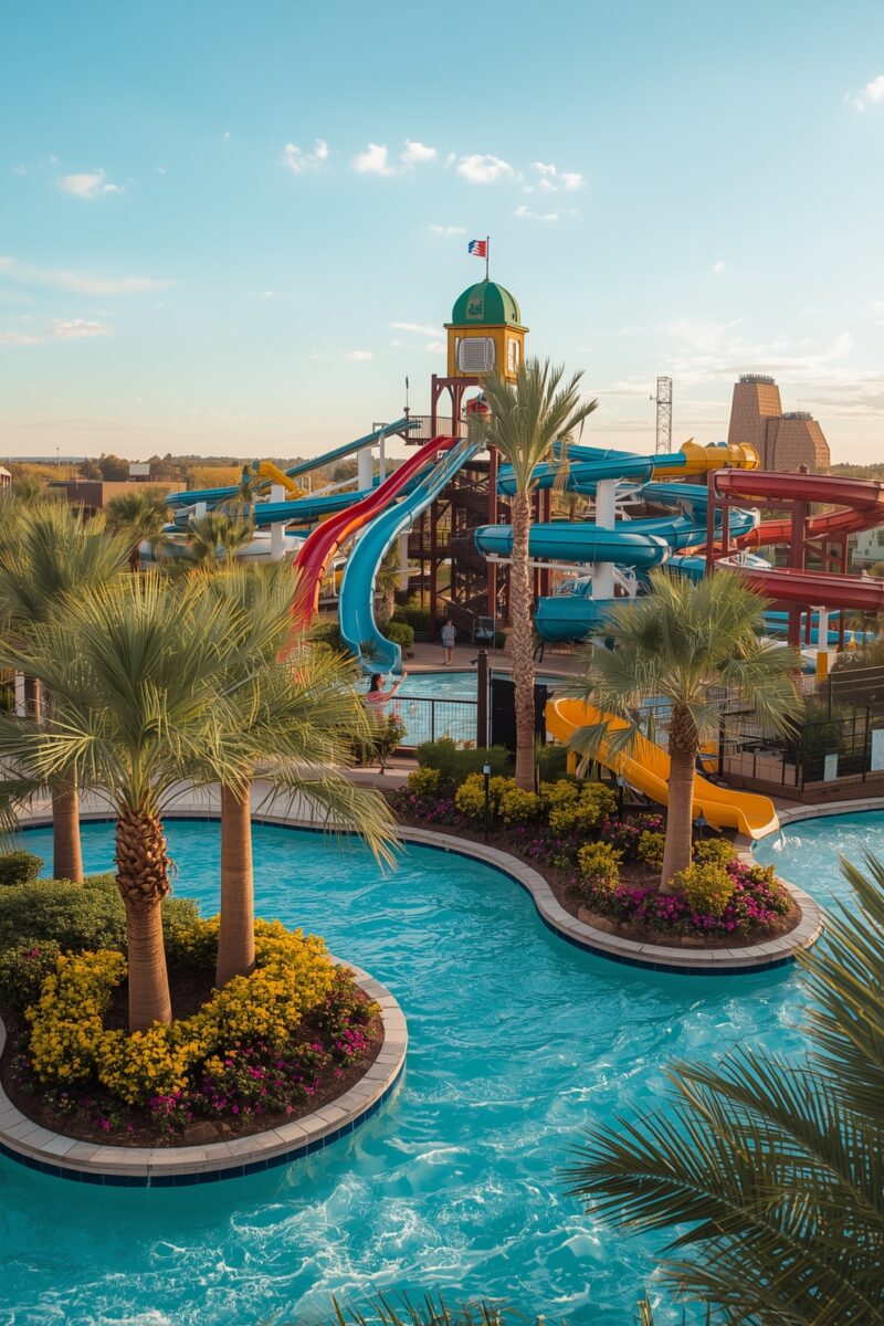 Colorful water park with blue, red, and yellow slides, lazy river, palm trees, and landscaped islands under sunny sky