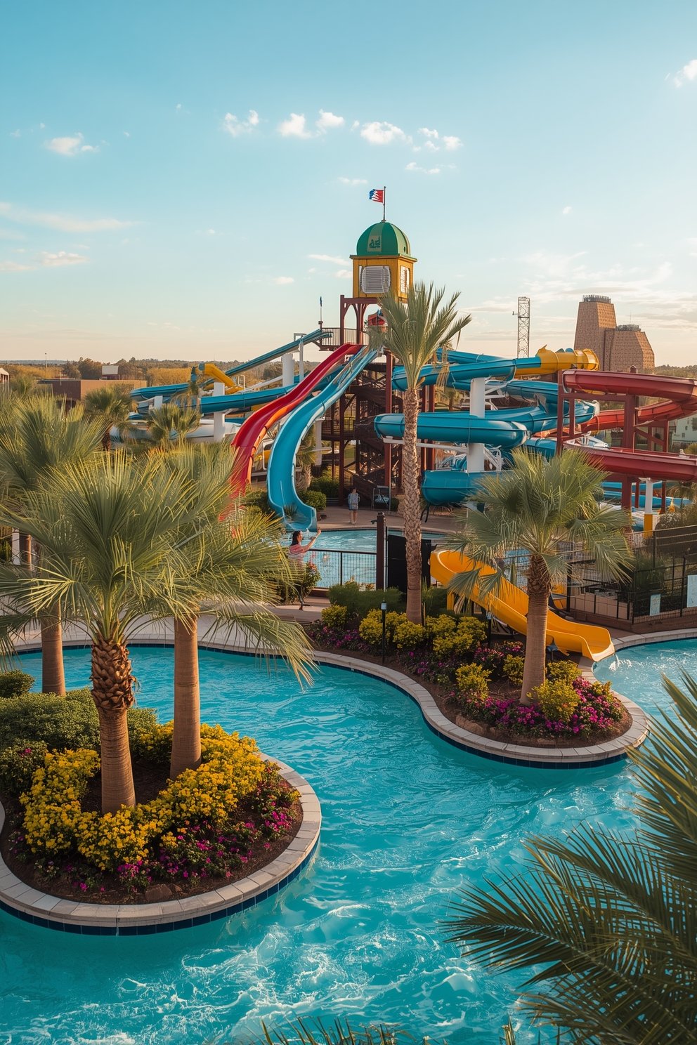 Colorful water park with blue, red, and yellow slides, lazy river, palm trees, and landscaped islands under sunny sky