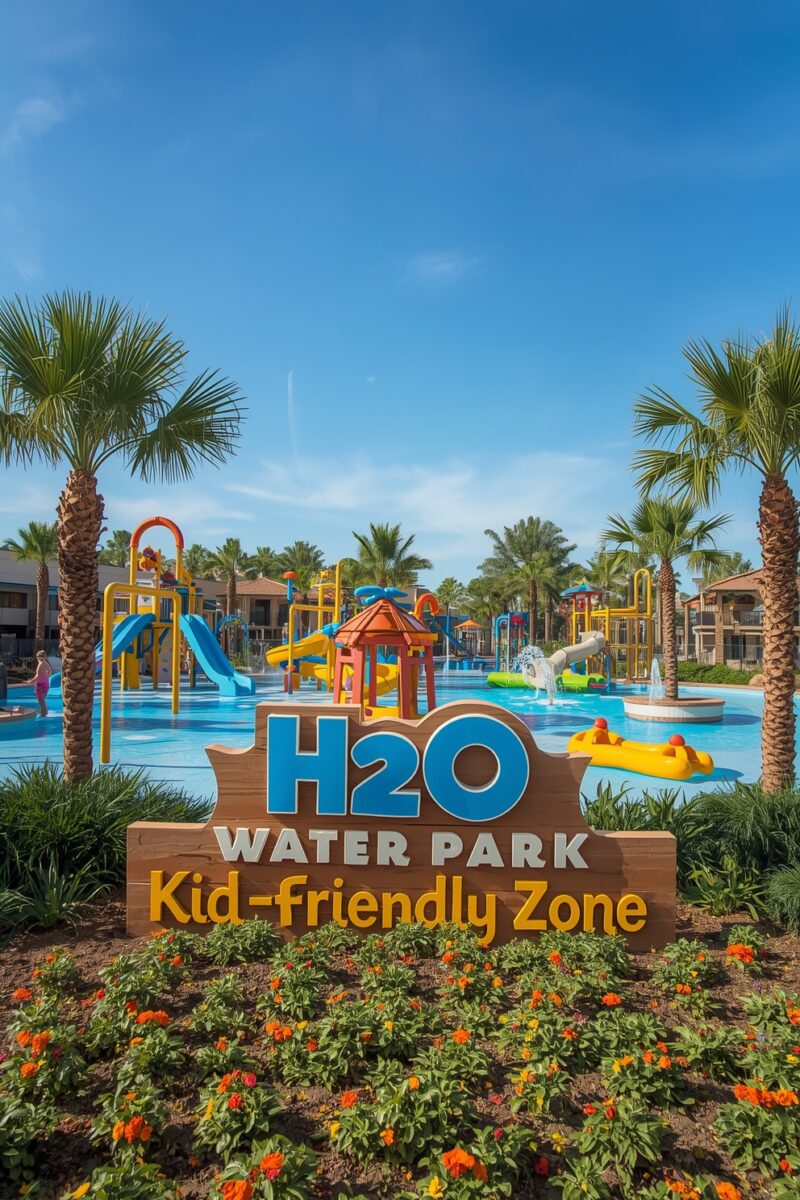 H2O Water Park Kid-Friendly Zone sign with colorful water slides, splash pads, and palm trees under blue sky