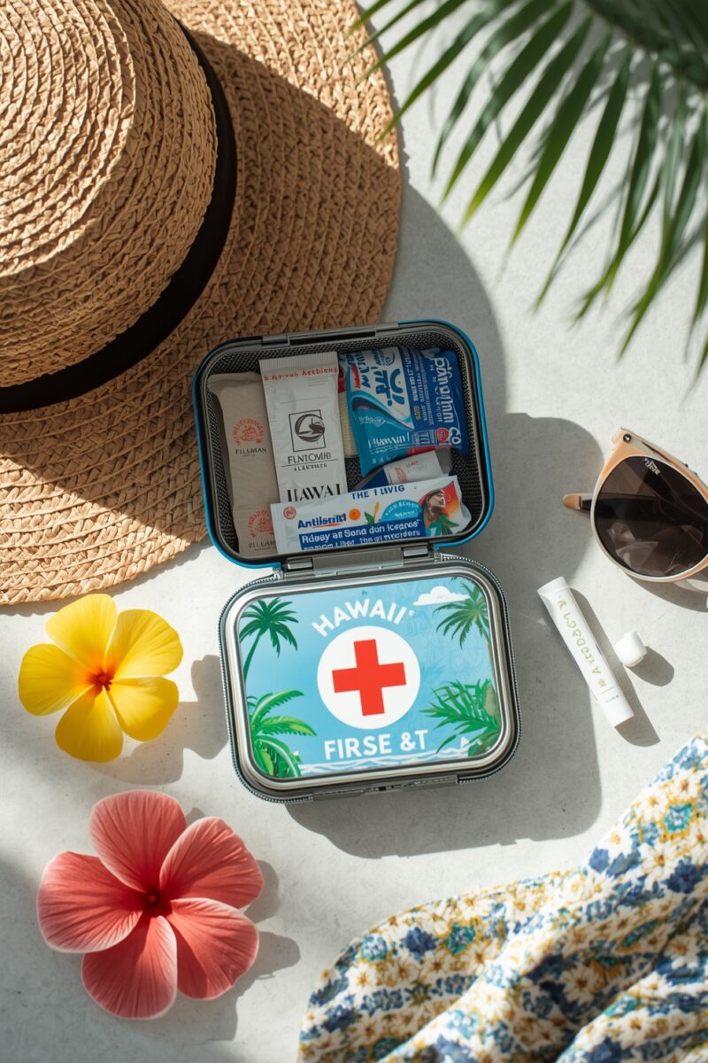 Open Hawaii-themed first aid kit with tropical design, surrounded by straw hat, hibiscus flowers, sunglasses, and palm leaf