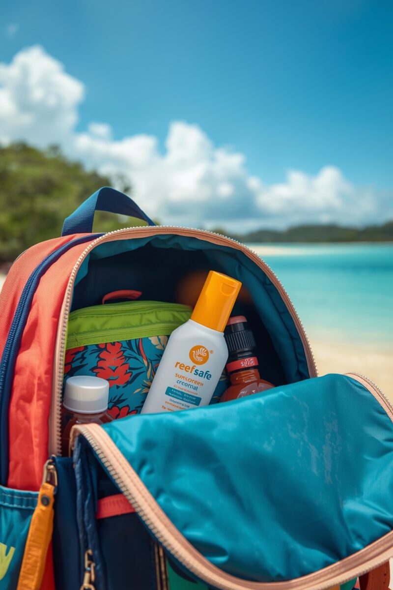 Open colorful beach backpack containing reef-safe sunscreen and bottles with tropical turquoise ocean in background
