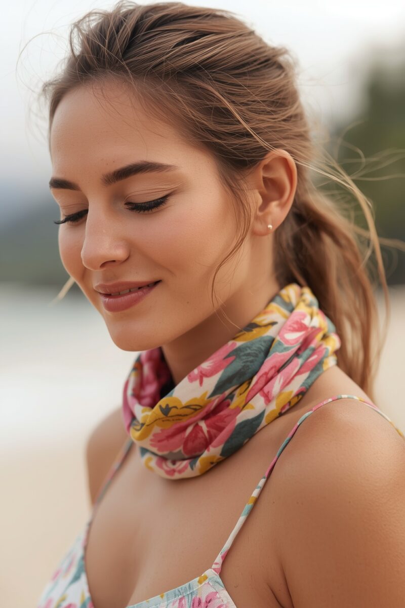 Young woman smiling with eyes closed wearing a colorful floral scarf and matching dress at the beach