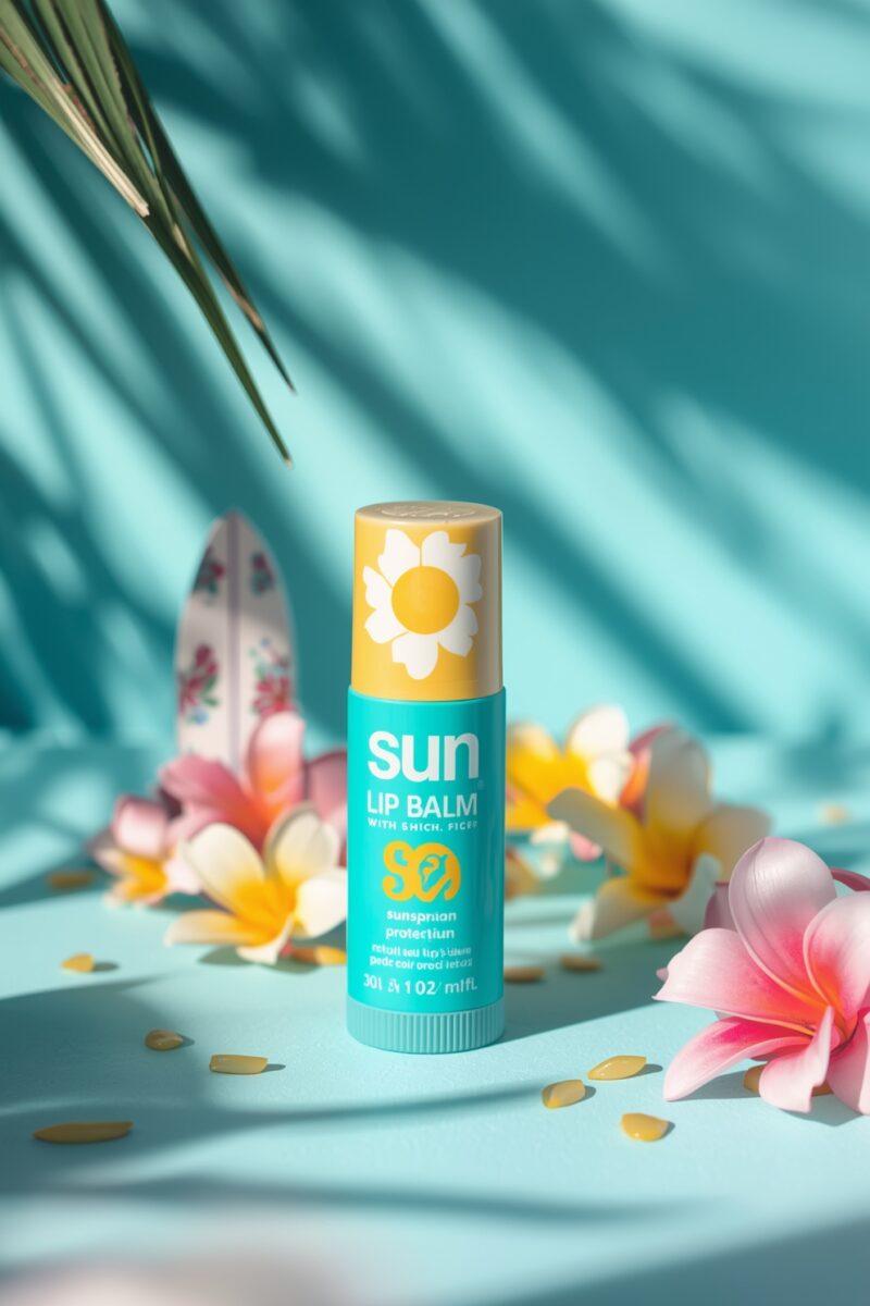 Sun lip balm stick with SPF sunscreen protection in teal and yellow packaging surrounded by tropical plumeria flowers