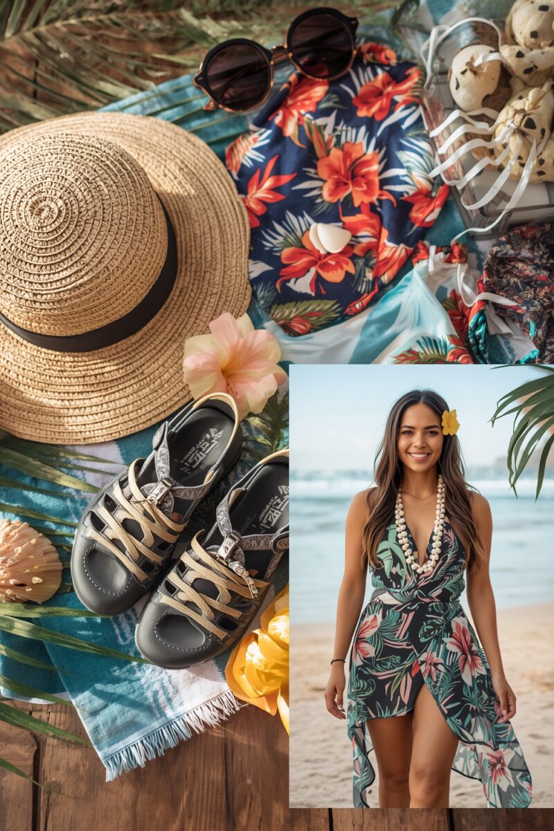 Tropical beach fashion collage with straw hat, sandals, floral shirt, sunglasses, and woman in tropical wrap dress on beach