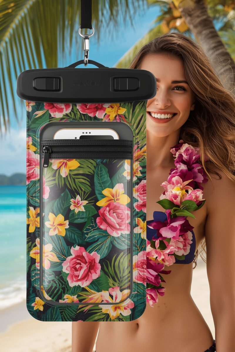 Tropical floral waterproof phone pouch with lanyard displayed at beach, smiling woman with lei in background