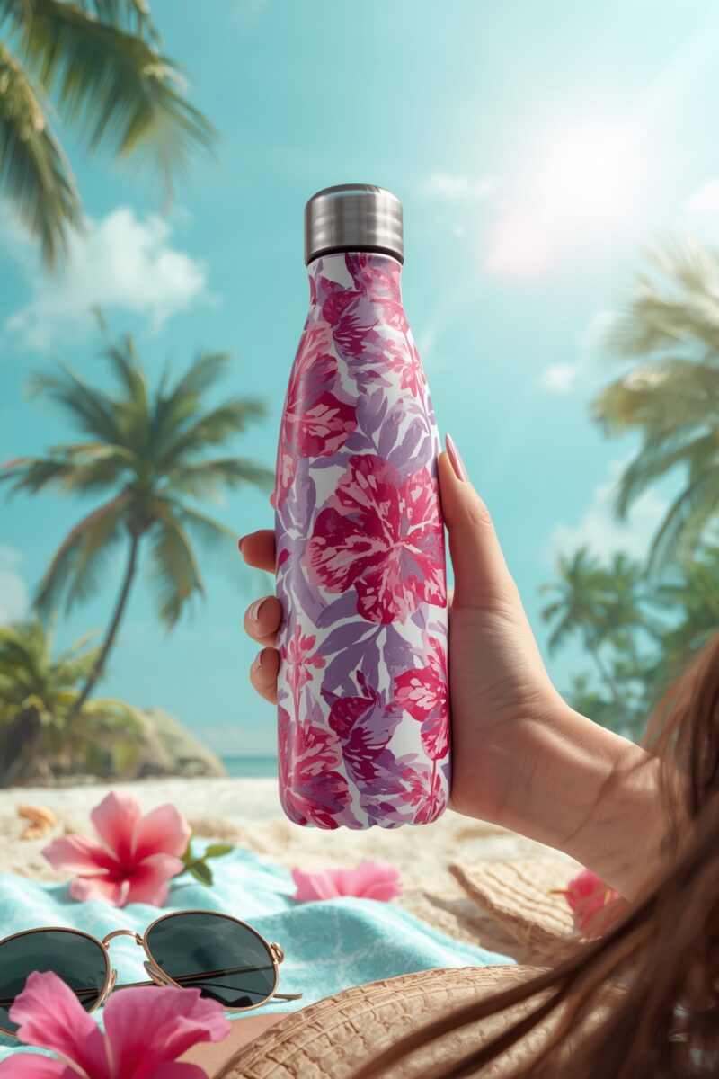 Hand holding a floral pink and purple insulated water bottle on a sunny tropical beach with palm trees