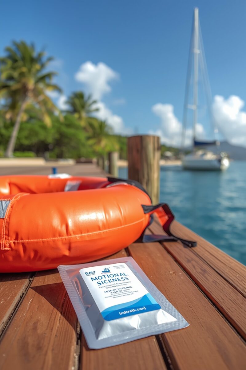 Motion sickness medication packet on wooden dock with orange life preserver and sailboat in tropical marina