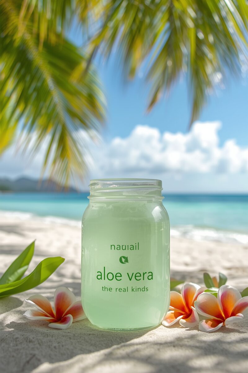 Glass mason jar of natural aloe vera gel on white sand beach surrounded by plumeria flowers and palm trees