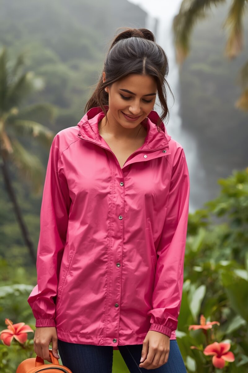Woman wearing a bright pink rain jacket with hood, standing near tropical waterfall with hibiscus flowers