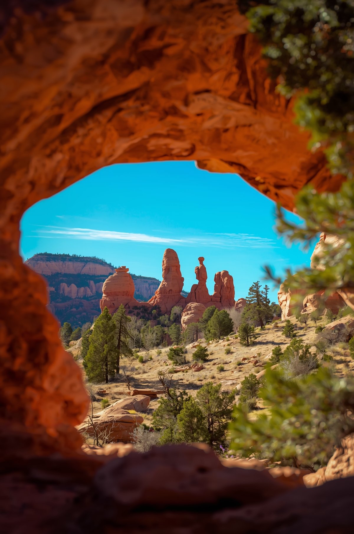 View through a natural red sandstone arch framing towering hoodoo rock formations, desert scrub, and vivid blue sky