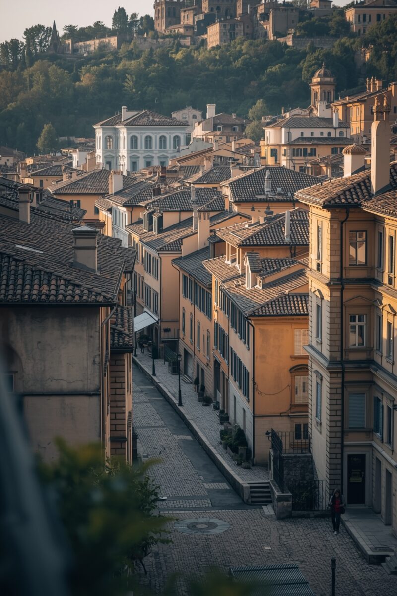 Aerial view of cobblestone street lined with warm ochre buildings and terracotta rooftops in an Italian hilltown at golden hour