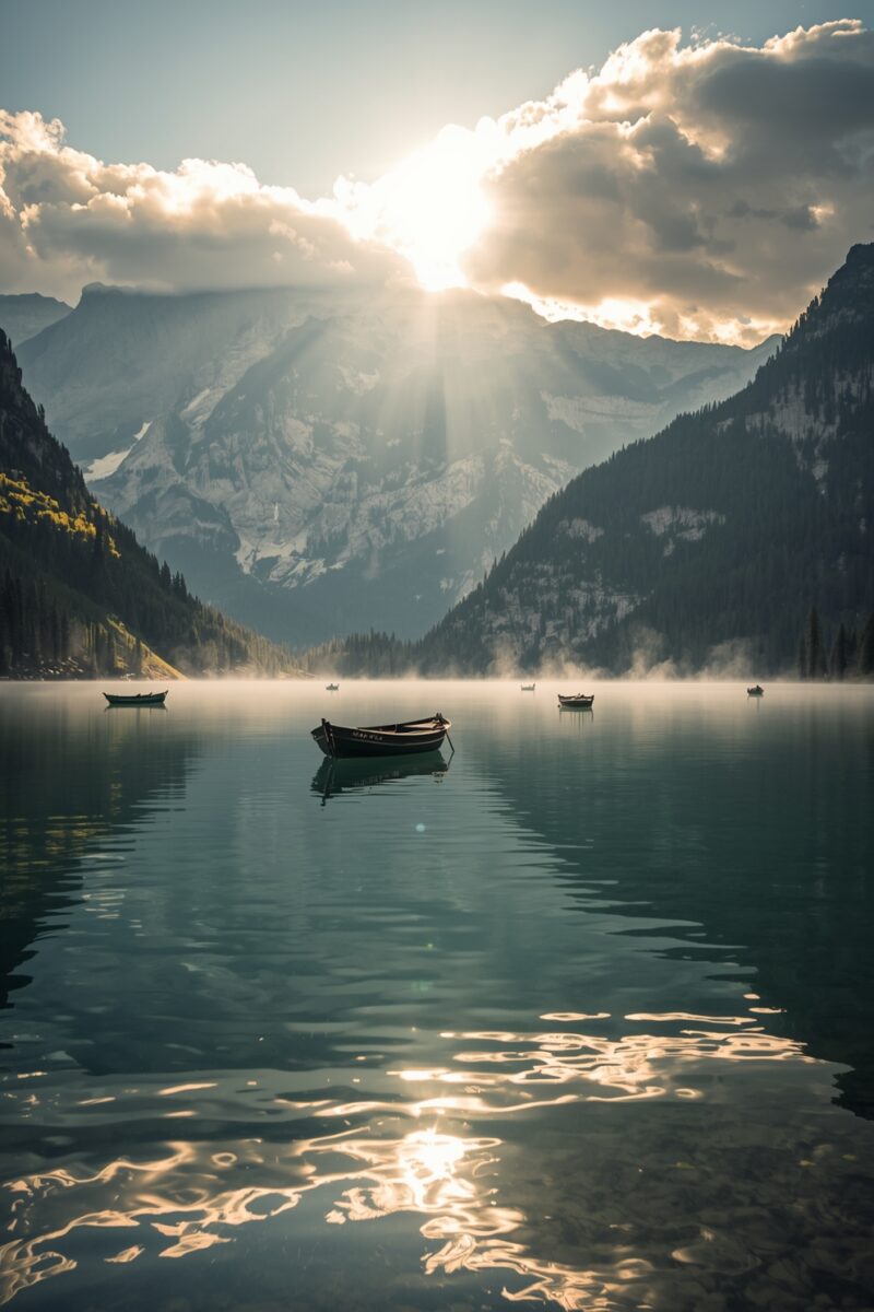 Wooden rowboat on a misty alpine lake with sunrays breaking through clouds over snow-capped mountains