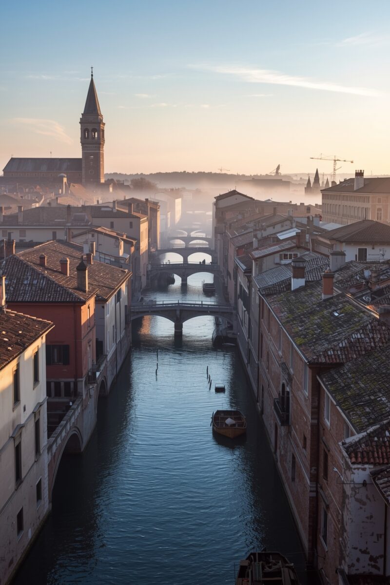 Aerial view of a misty Italian canal at sunrise with multiple stone bridges, historic buildings, and a lone boat on calm water
