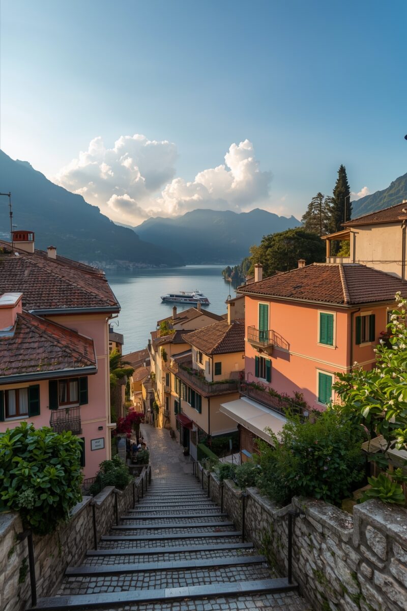 Stone stairway descending through colorful Italian lakeside village with terracotta rooftops and a ferry on a mountain lake
