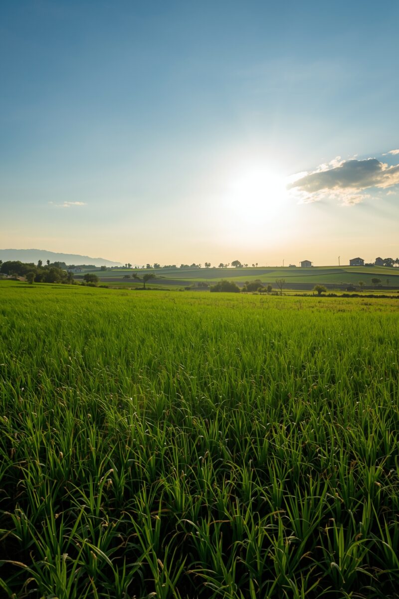 Lush green crop field stretching toward rolling hills under a golden sunset sky with scattered clouds