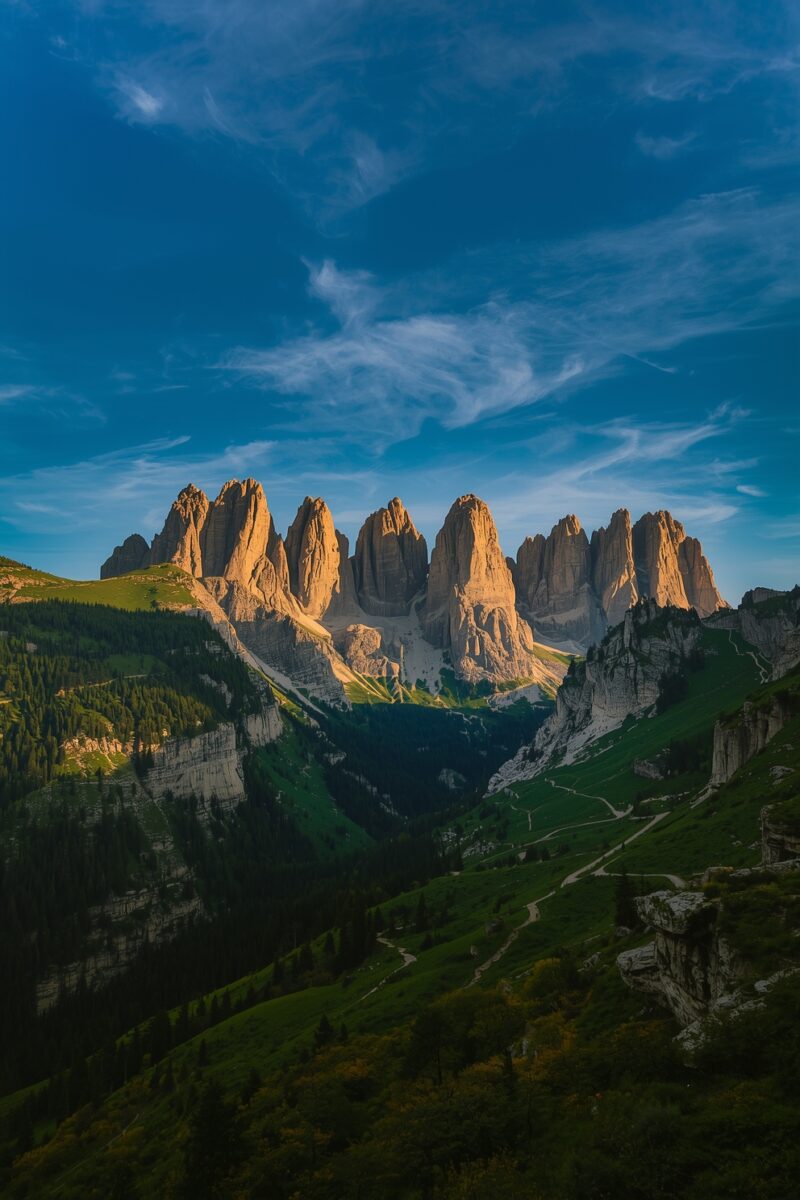 Dramatic golden Dolomite rock spires rising above green alpine valleys under a vivid blue sky with wispy clouds