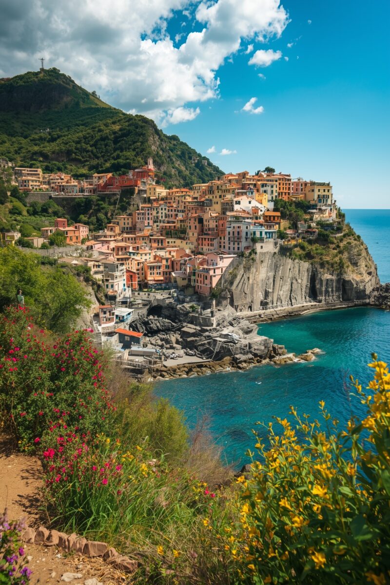 Colorful cliffside village of Manarola, Cinque Terre, Italy, overlooking turquoise Mediterranean Sea with wildflowers in foreground