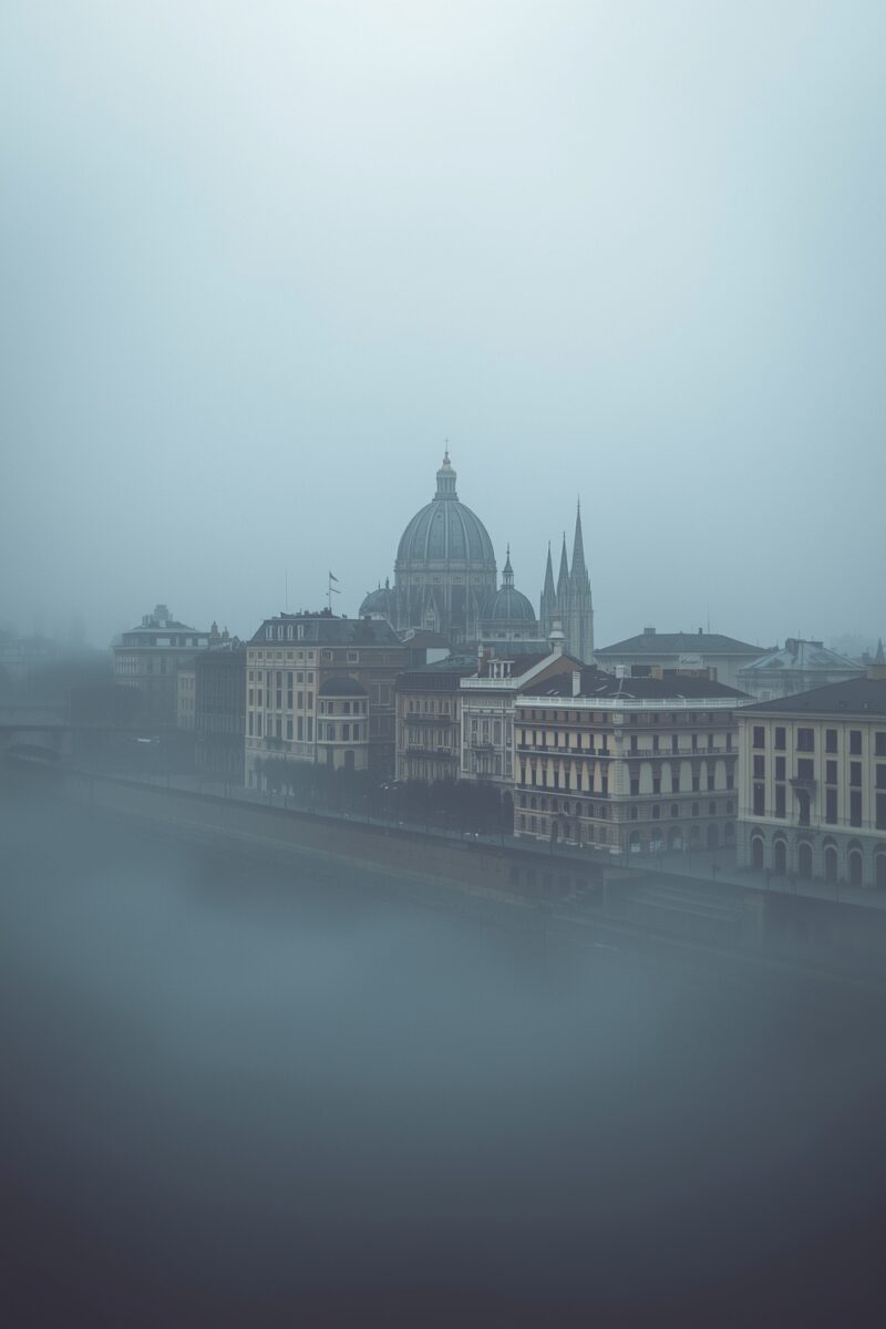 Misty European cityscape with domed cathedral and Gothic spires reflected along a foggy riverfront