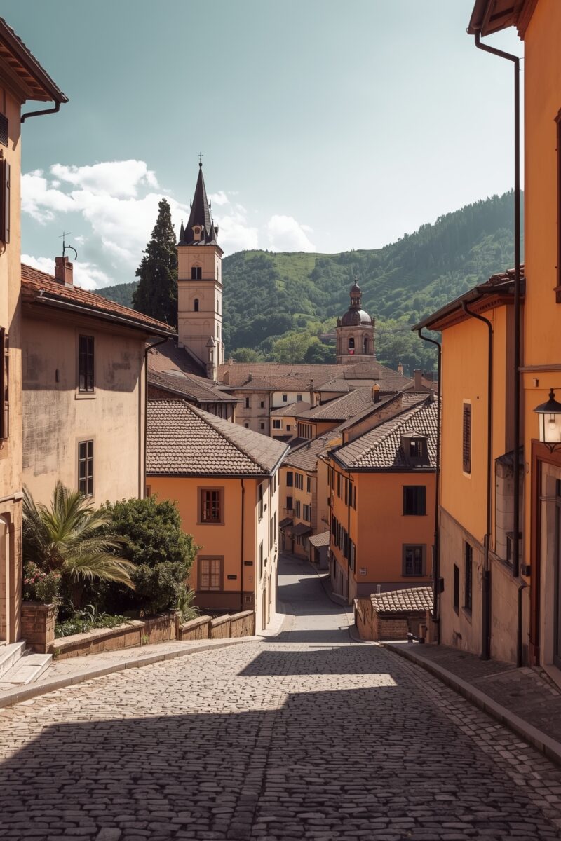 Cobblestone street in an Italian hilltown with terracotta buildings, church towers, and green mountains