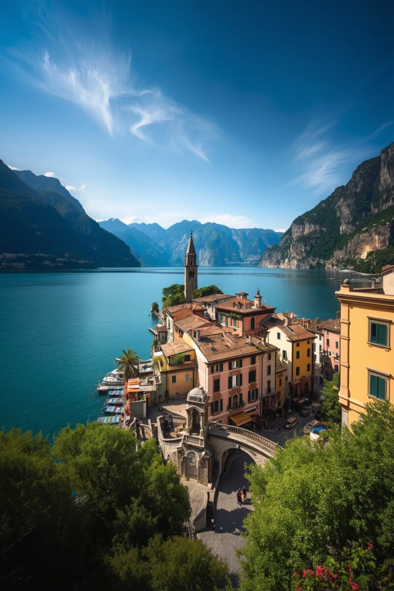 Colorful Italian lakeside village with bell tower overlooking turquoise alpine lake surrounded by mountains