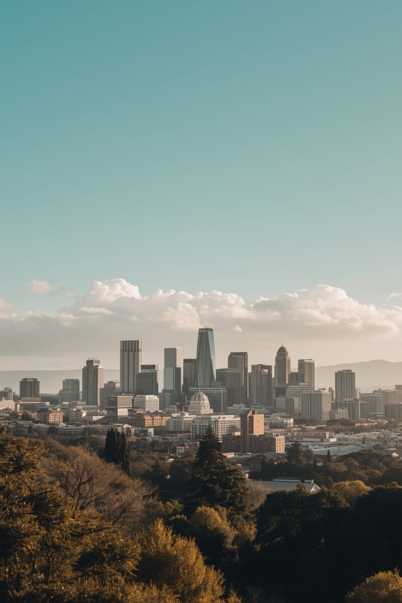 Urban city skyline with tall skyscrapers and a domed building surrounded by autumn trees under a clear blue sky