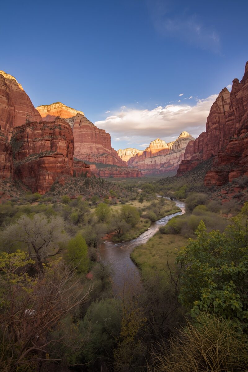 Zion Canyon with Virgin River winding through red sandstone cliffs and lush green vegetation at golden hour