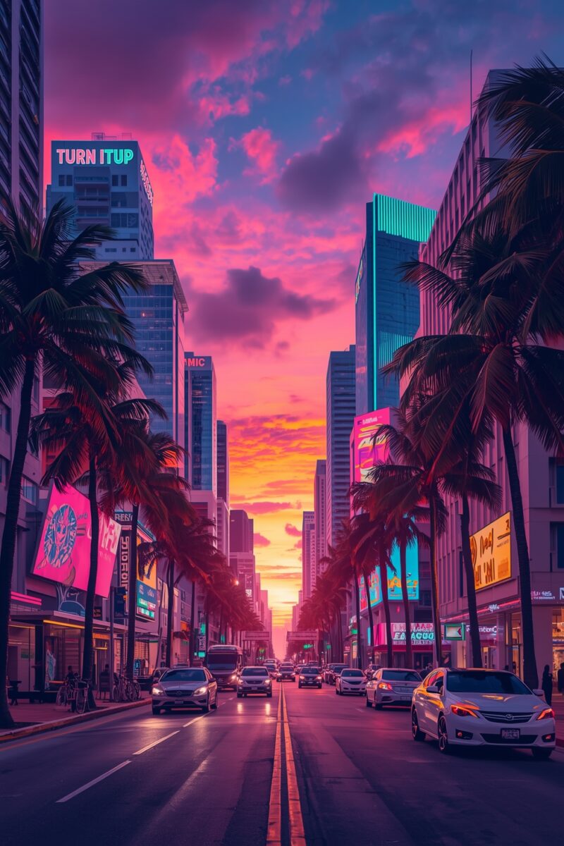 Miami boulevard at sunset with palm trees, neon signs, and vibrant pink-purple sky lining a busy urban street