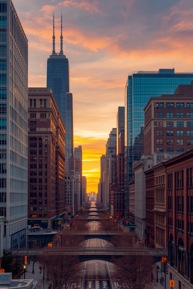 Urban boulevard at golden hour sunset with skyscrapers, pedestrian bridges, and vibrant orange sky in a major city