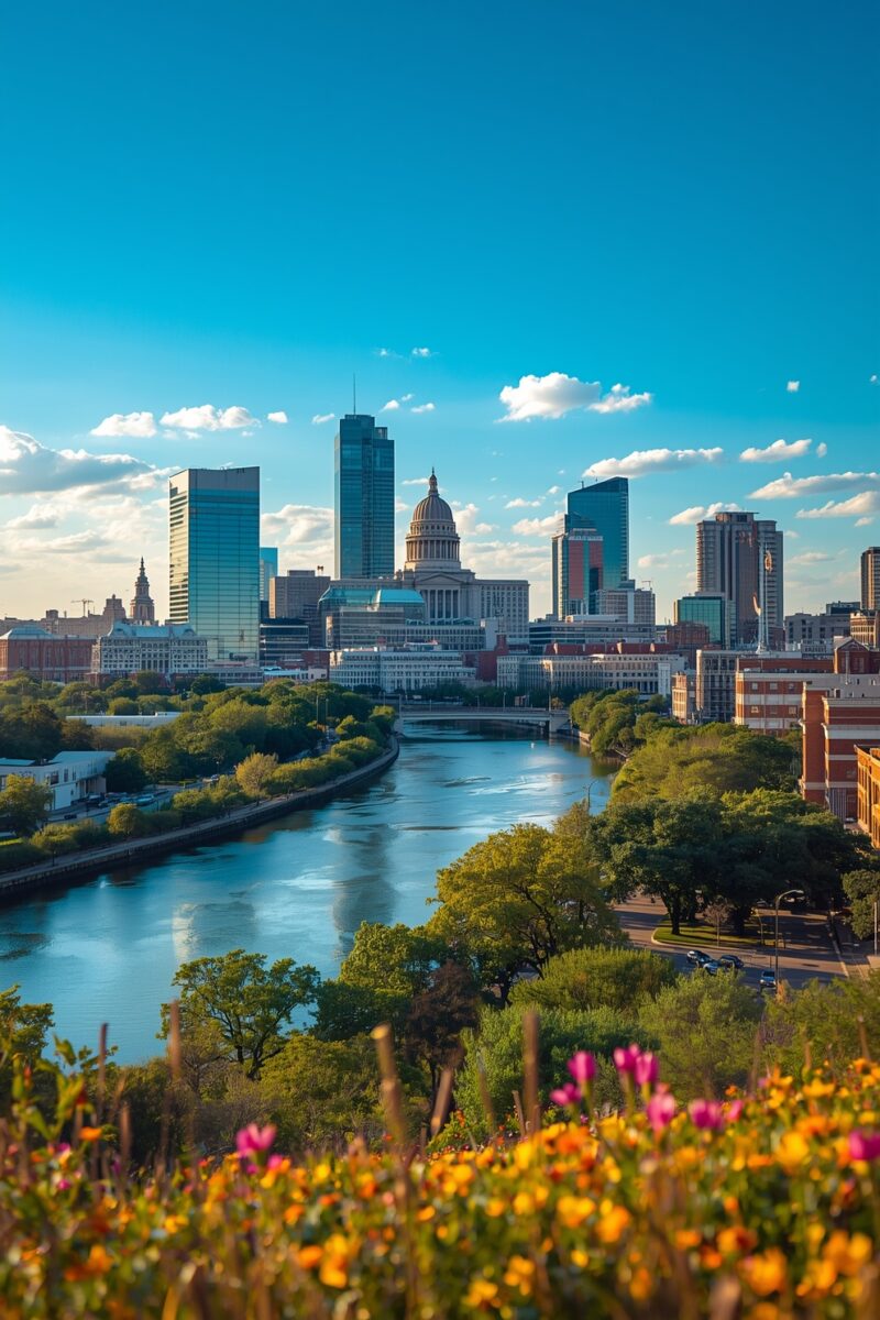 City skyline with domed capitol building and skyscrapers along a river, framed by colorful wildflowers