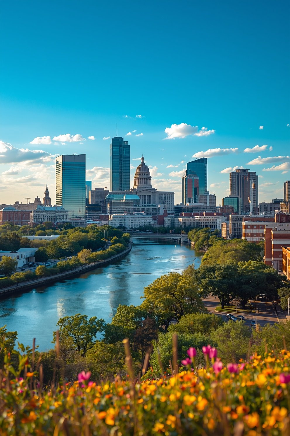 City skyline with domed capitol building and skyscrapers along a river, framed by colorful wildflowers