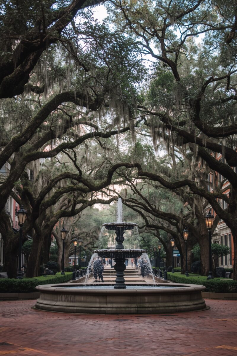 Tiered fountain surrounded by sprawling live oak trees draped in Spanish moss in a historic brick plaza
