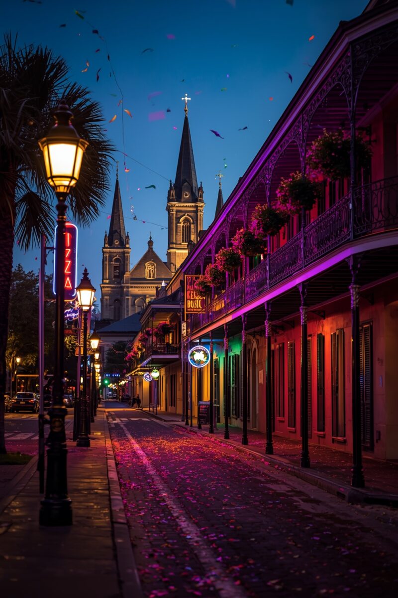 New Orleans French Quarter street at night with wrought-iron balconies, neon signs, gas lamps, confetti, and St. Louis Cathedral in background