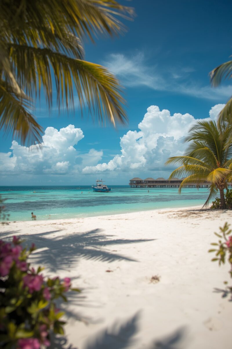 Tropical white sand beach with palm trees, turquoise water, overwater bungalows, and a boat under blue skies