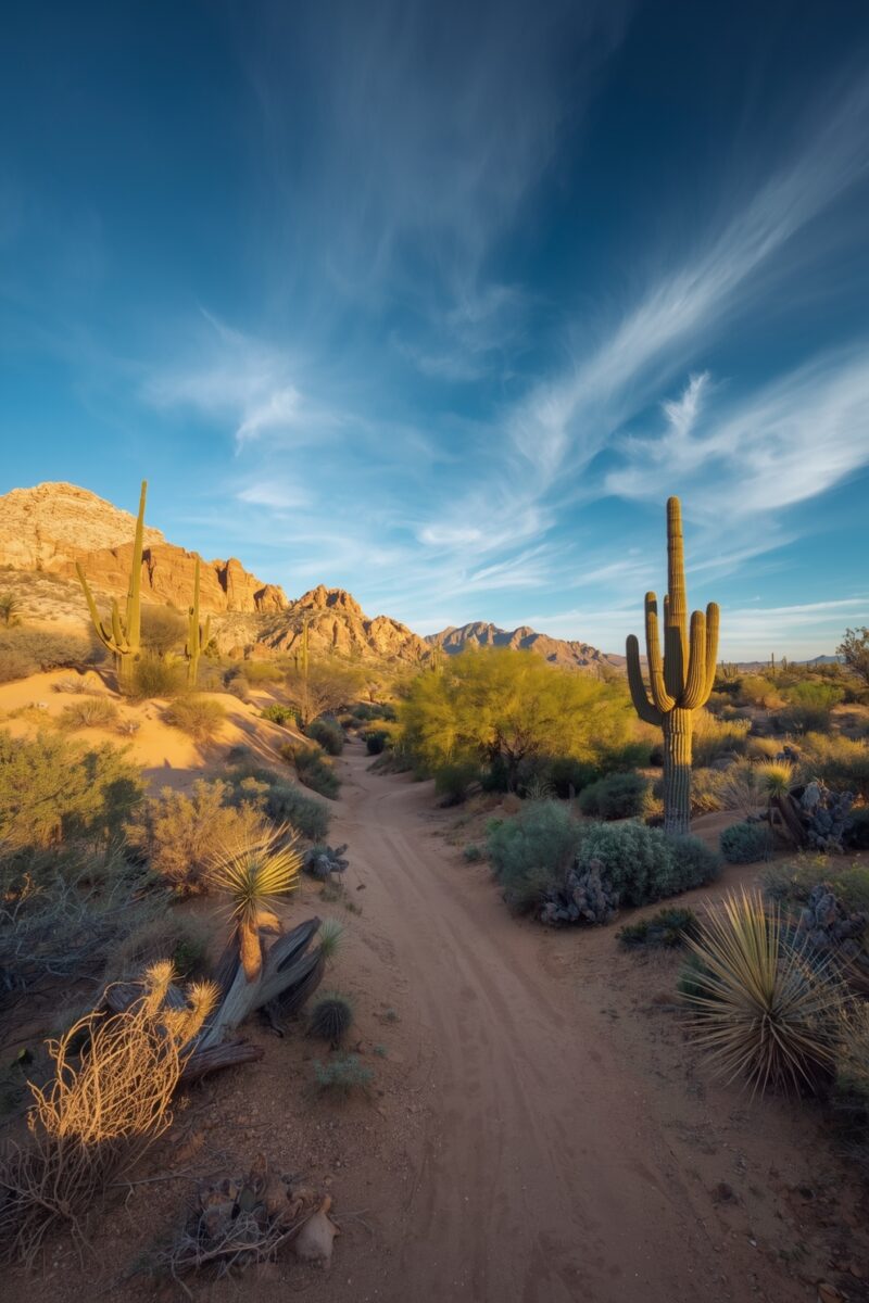 Sandy desert trail winding through saguaro cacti and desert shrubs with rocky mountains and blue sky