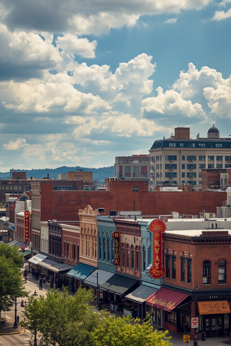 Historic downtown street with colorful brick storefronts, neon signs, awnings, and dramatic cloudy sky over city buildings