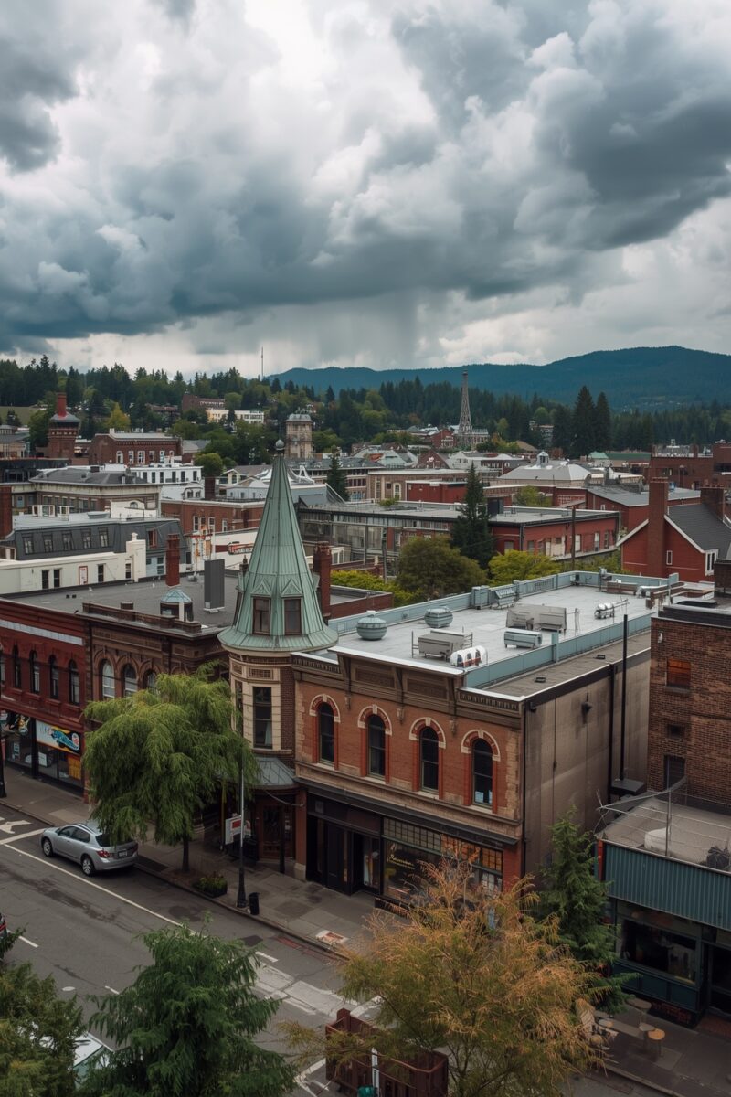 Aerial view of historic downtown district with Victorian brick buildings, copper spire tower, and stormy skies over forested hills