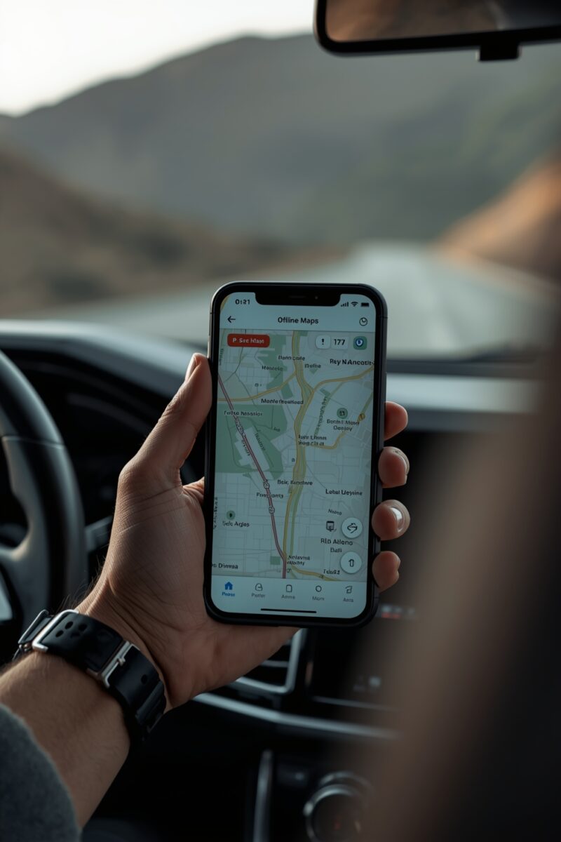 Person holding smartphone with offline maps navigation app open while sitting in a car with mountainous road visible