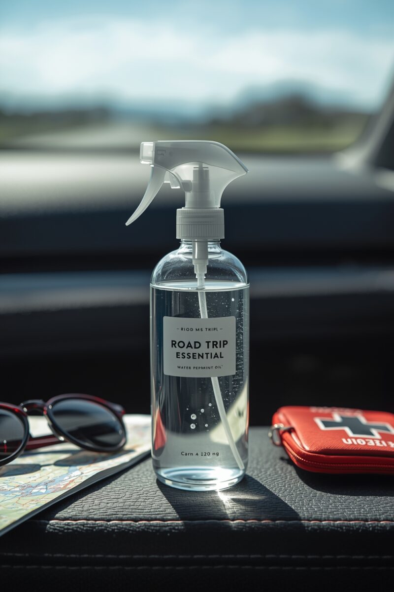 Clear spray bottle labeled Road Trip Essential peppermint water on car dashboard with sunglasses, map, and first aid kit