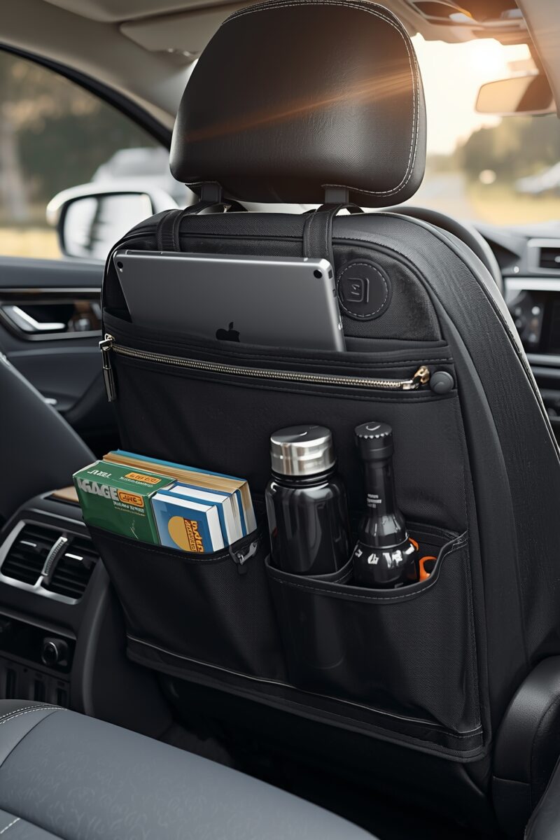 Black car seat back organizer holding an iPad, books, water bottles, and travel essentials in a modern vehicle