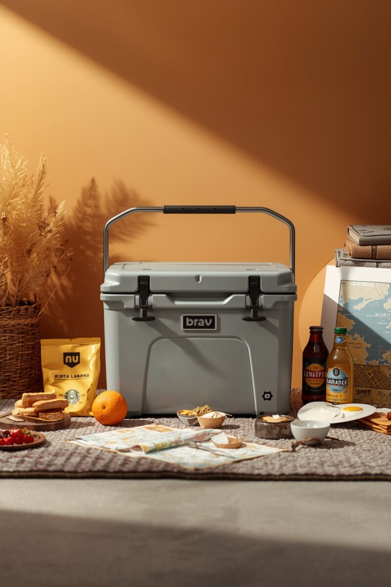 Gray Brav hard cooler surrounded by snacks, beverages, maps, and food items on a textured surface