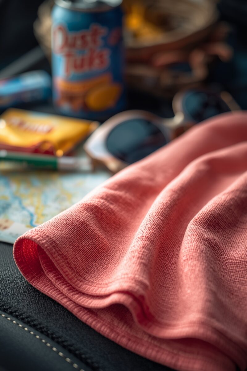 Pink folded cloth on car seat with road map, sunglasses, snack bag, and blue beverage can in background