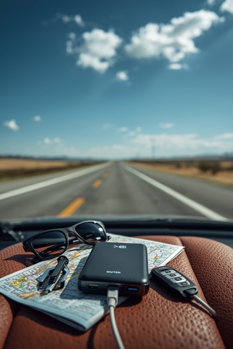 Car dashboard with power bank, road map, sunglasses, and car keys on leather dash with open highway ahead