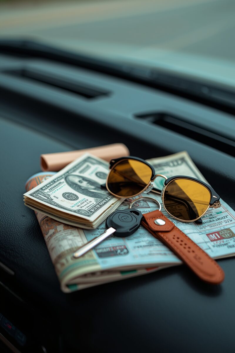 Car dashboard with sunglasses, US dollar bills, car key with leather keychain, and travel map