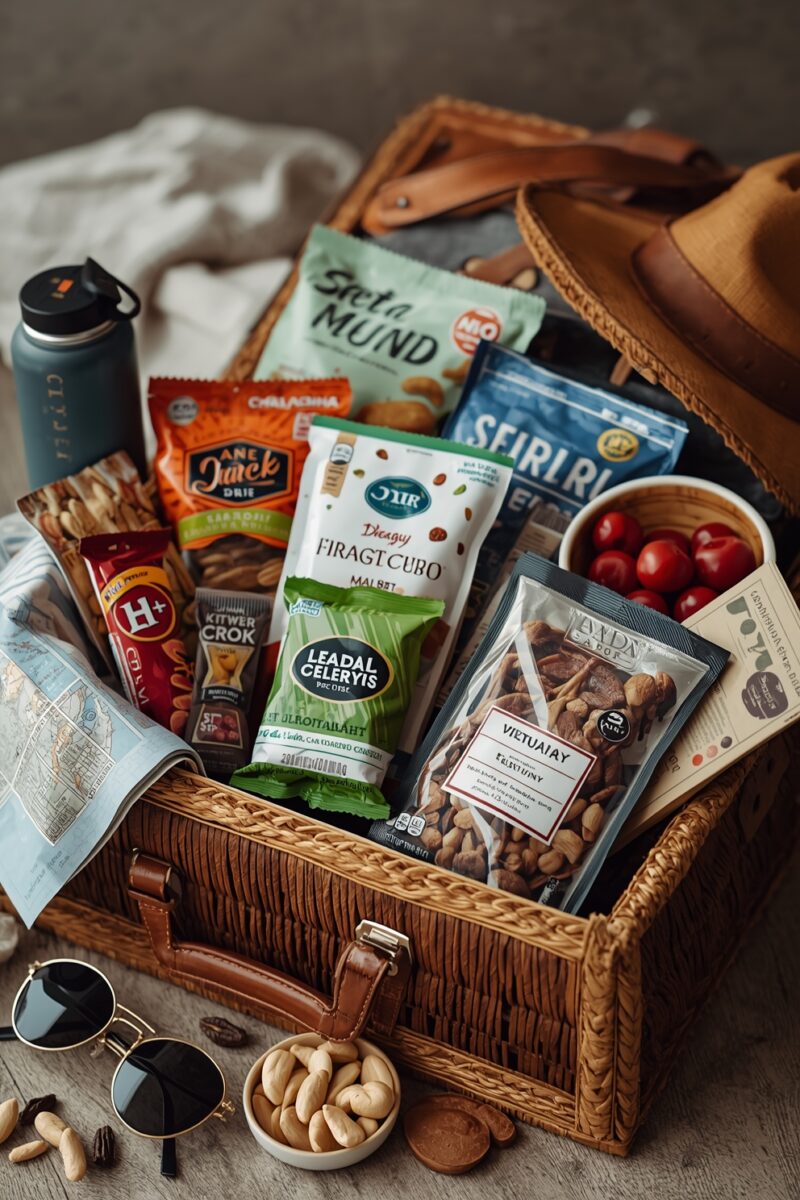 Wicker basket filled with travel snacks including nuts, dried fruits, snack bags, water bottle, cherry tomatoes, and a map