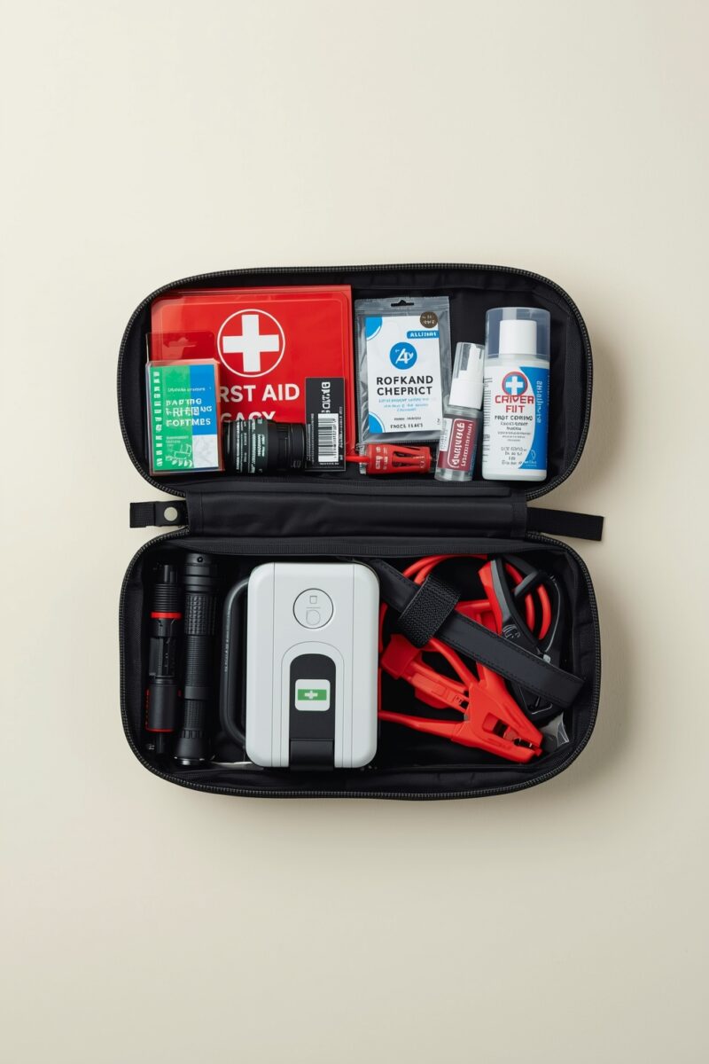 Open roadside emergency kit case with first aid supplies, jumper cables, portable jump starter, and flashlight
