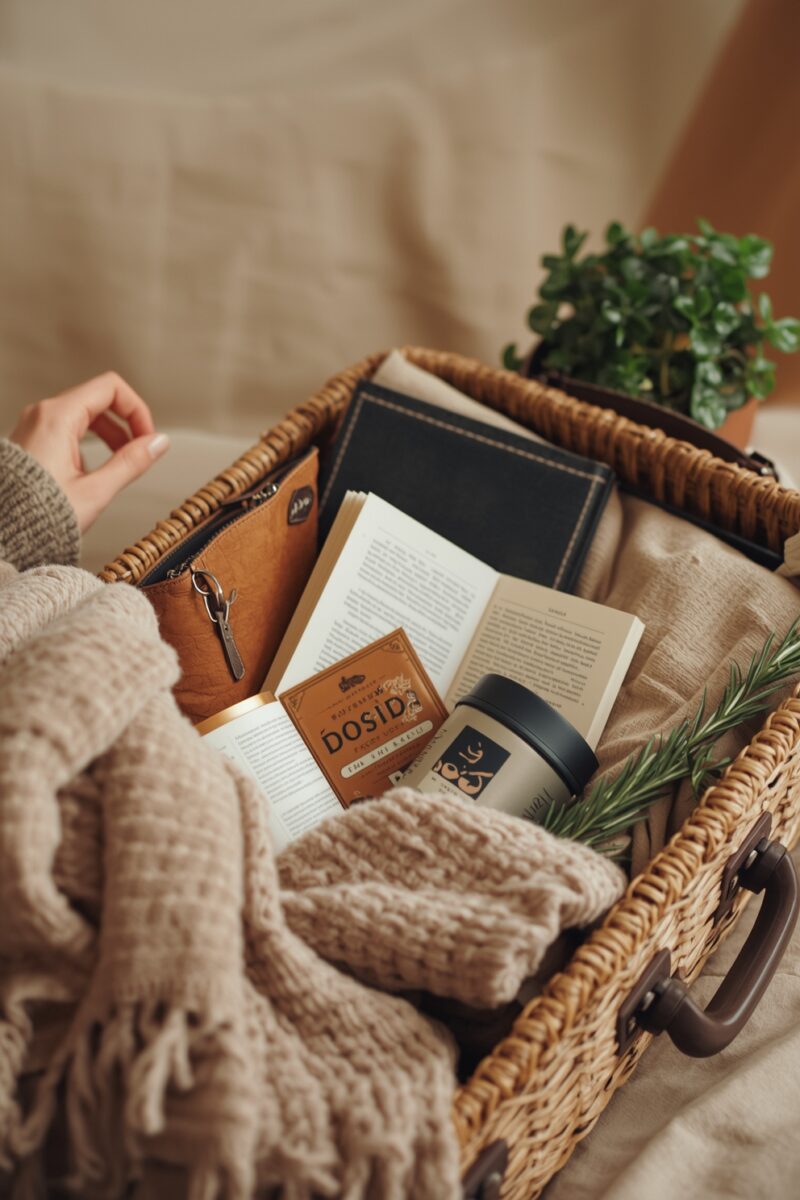 Wicker basket with open book, leather pouch, travel mug, knit blanket, rosemary sprigs, and journal on cozy linen surface