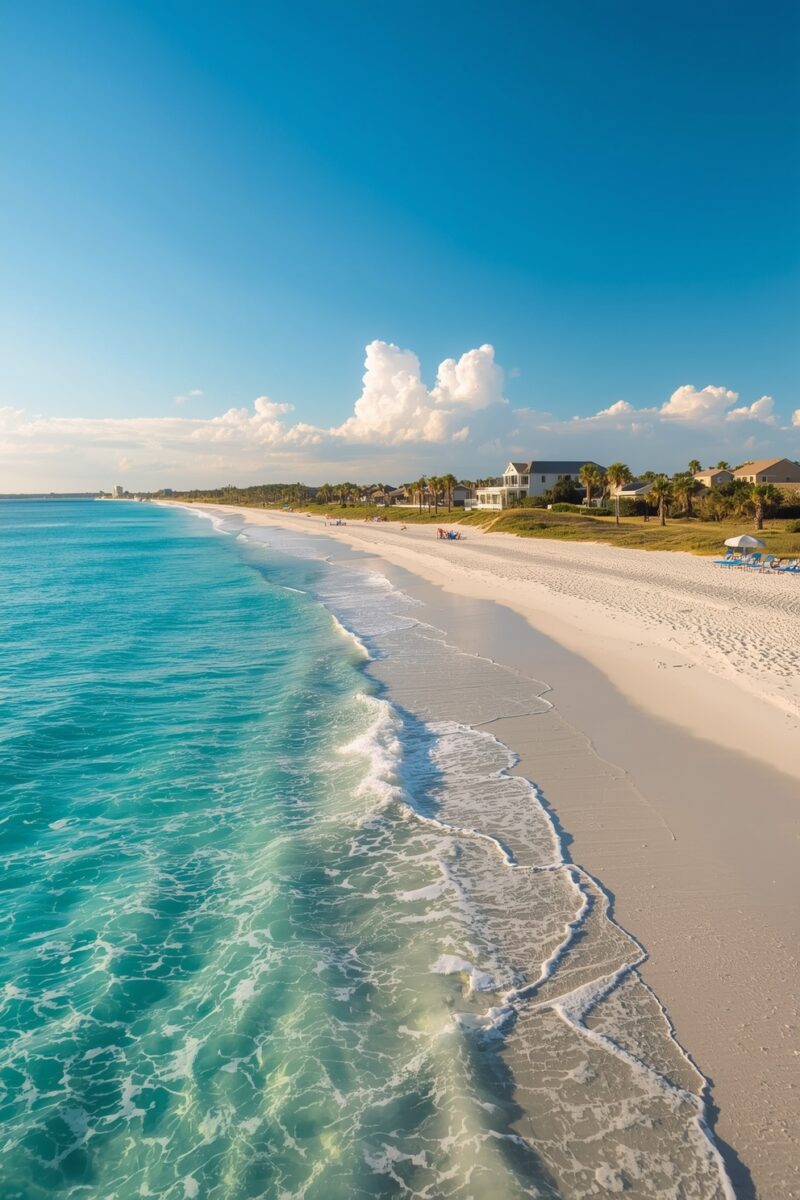 Aerial view of a pristine white sand beach with turquoise Gulf waters and coastal homes lined along the shore